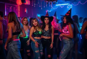 Attendees in 2000's fashion celebrating at a Halloween bash.