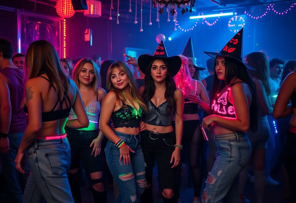 Attendees in 2000's fashion celebrating at a Halloween bash.