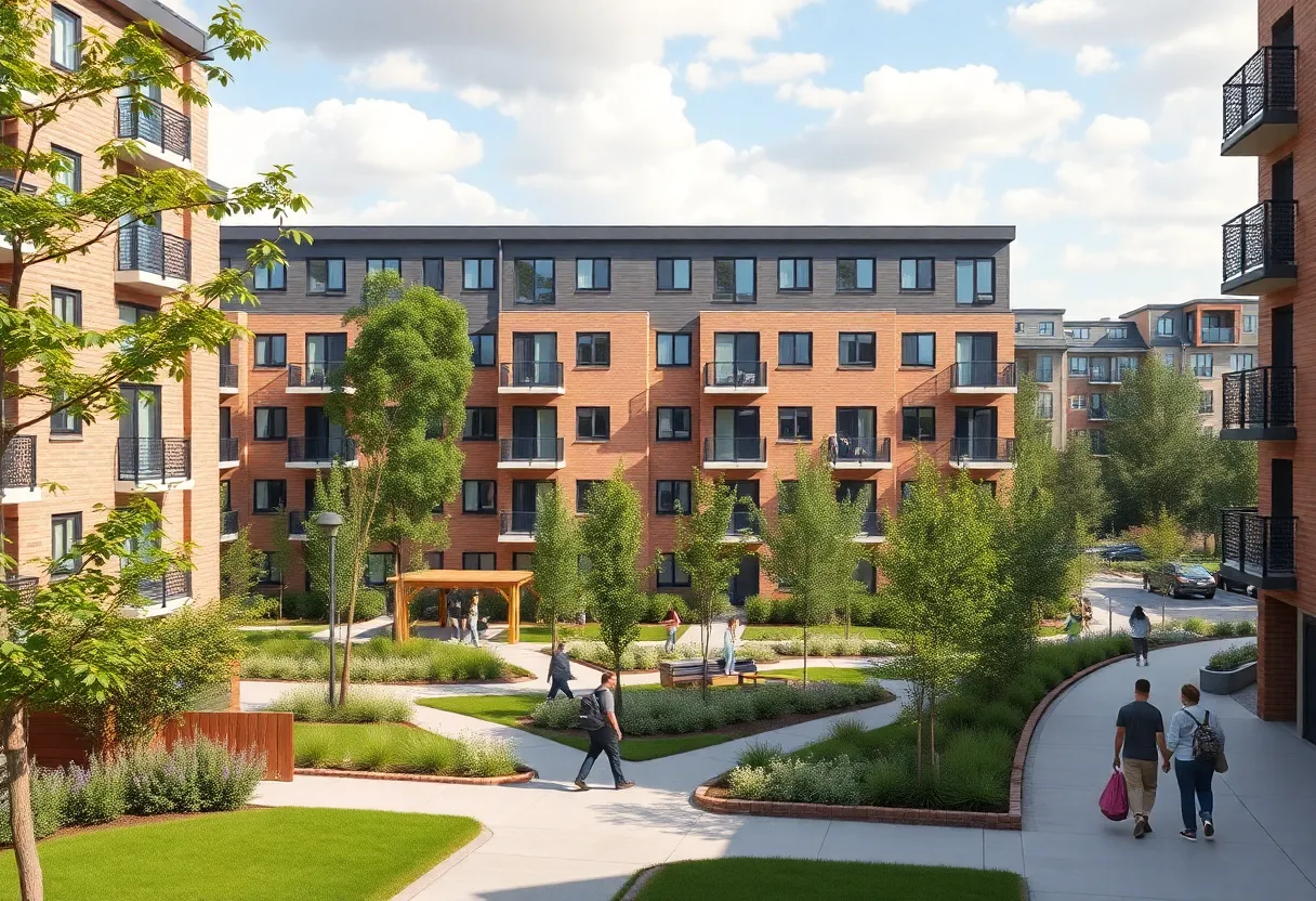 New affordable housing community in Louisville with modern buildings and green spaces.