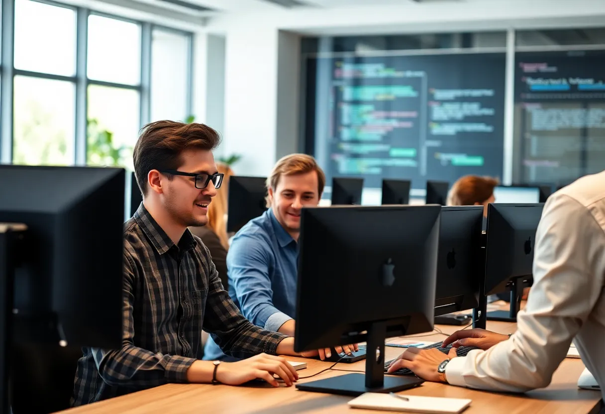 Team of software developers in a modern office setting working on AI projects.