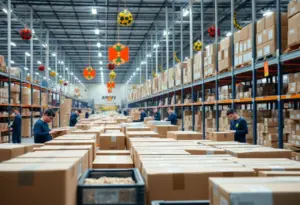 Amazon warehouse hiring in Louisville with workers sorting packages.