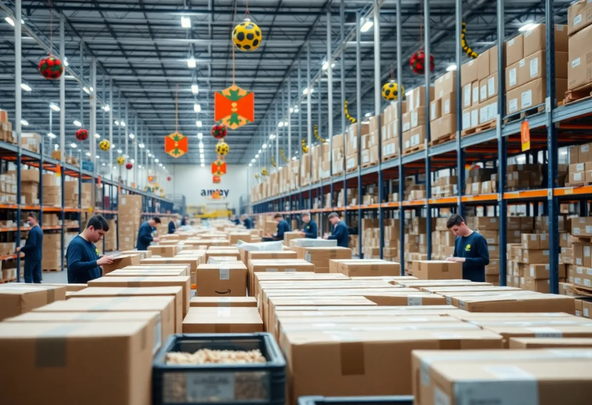 Amazon warehouse hiring in Louisville with workers sorting packages.