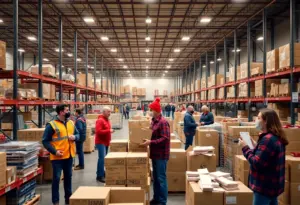 Seasonal workers at an Amazon warehouse in Kentucky during holiday preparations.