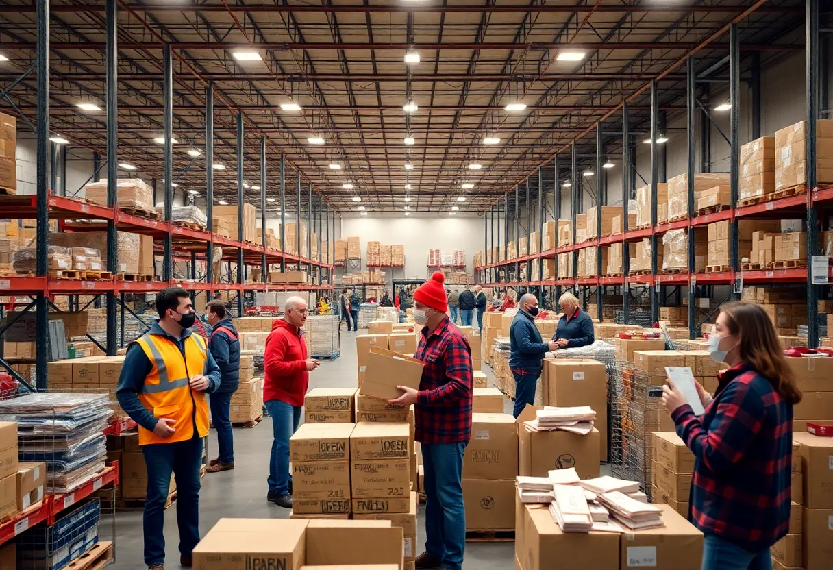 Seasonal workers at an Amazon warehouse in Kentucky during holiday preparations.