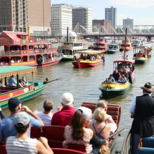 A vibrant scene at the America's River Roots Festival in Cincinnati with riverboats and festival activities.
