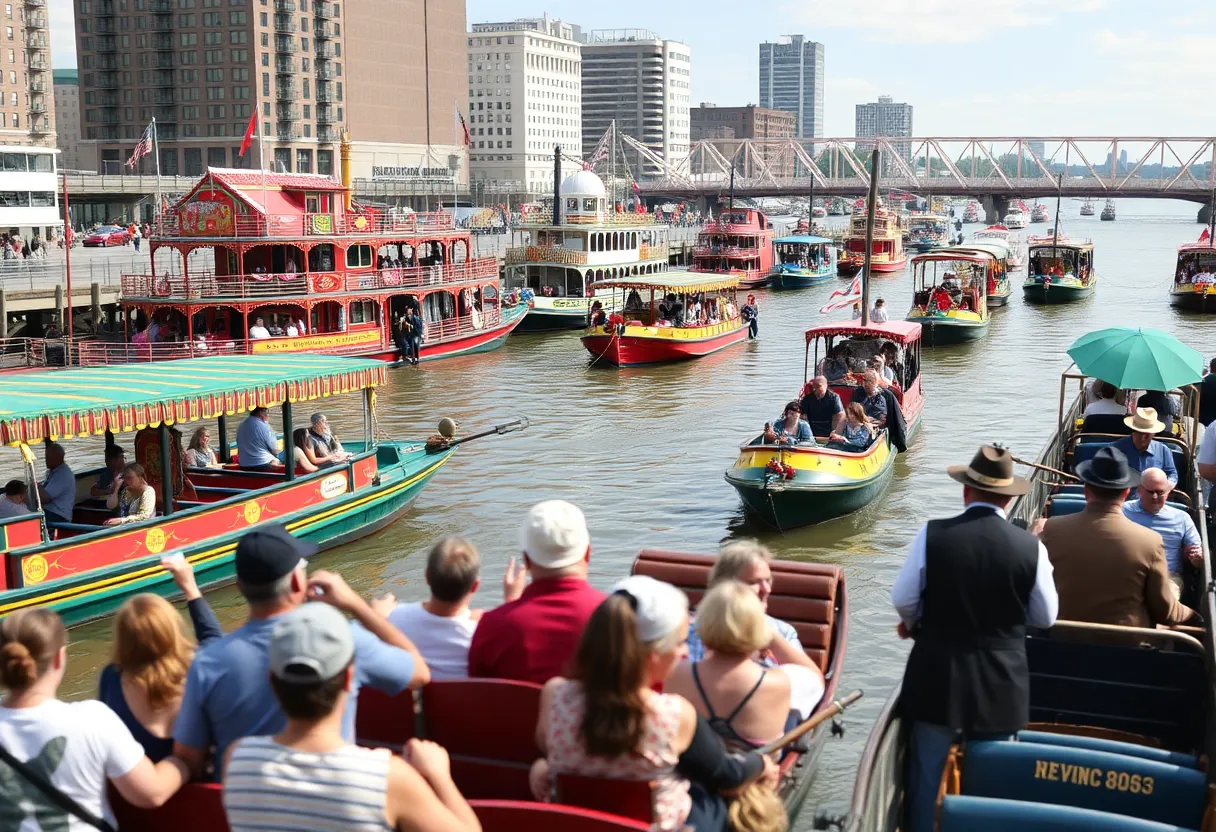 A vibrant scene at the America's River Roots Festival in Cincinnati with riverboats and festival activities.