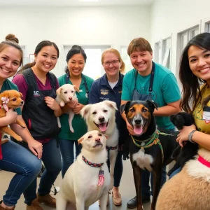 Volunteers at the Animal Care Society Shelter interacting with animals