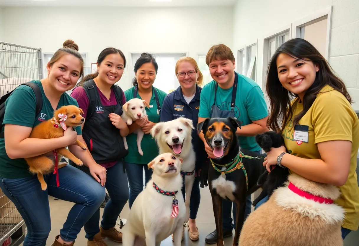 Volunteers at the Animal Care Society Shelter interacting with animals