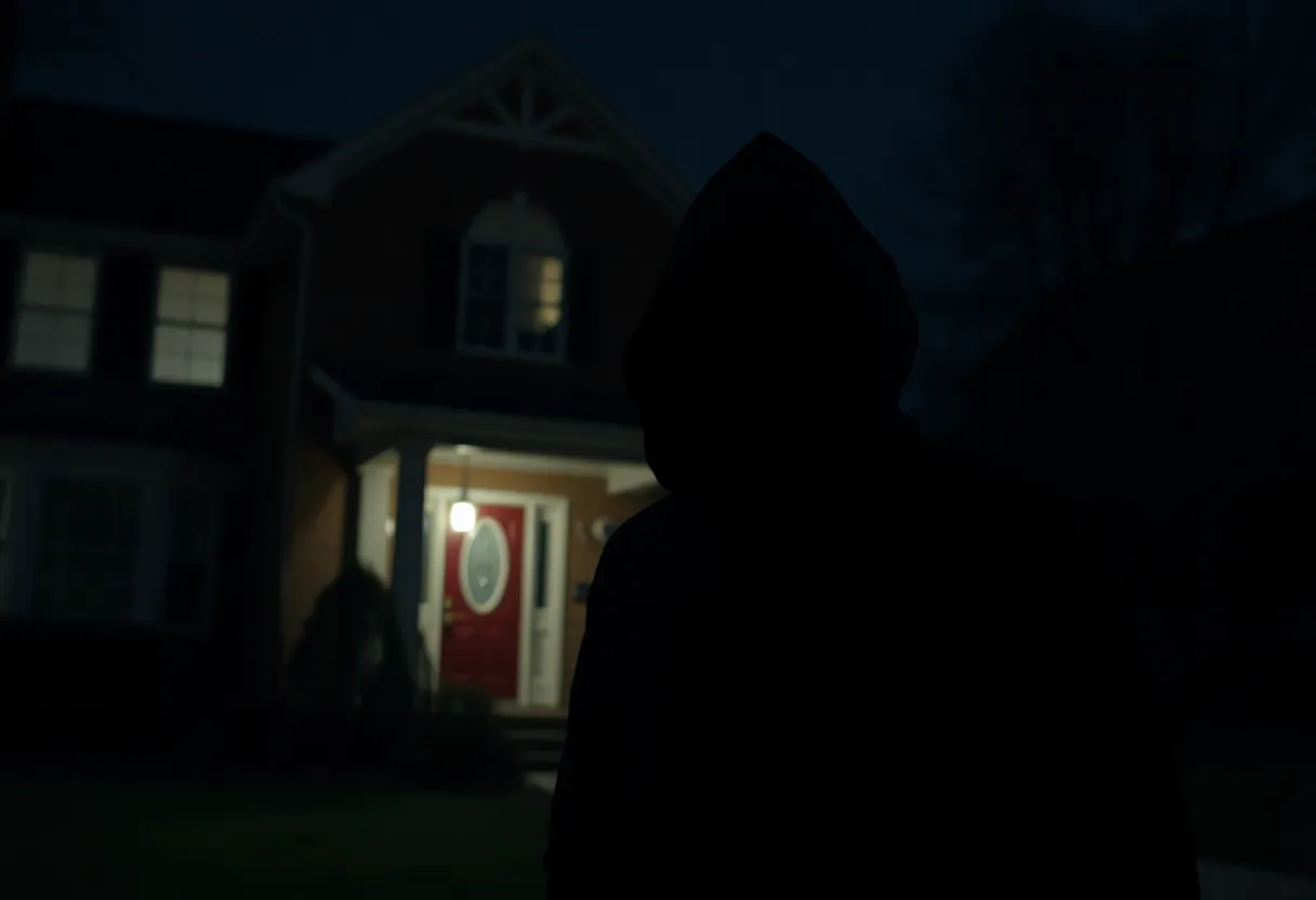 Masked armed suspect lurking near a residential house at night