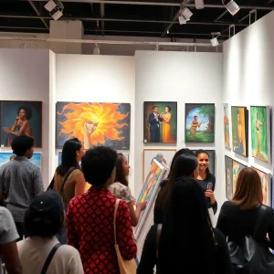 An art exhibit featuring diverse paintings and performances at the Artists & Afros event in Louisville.