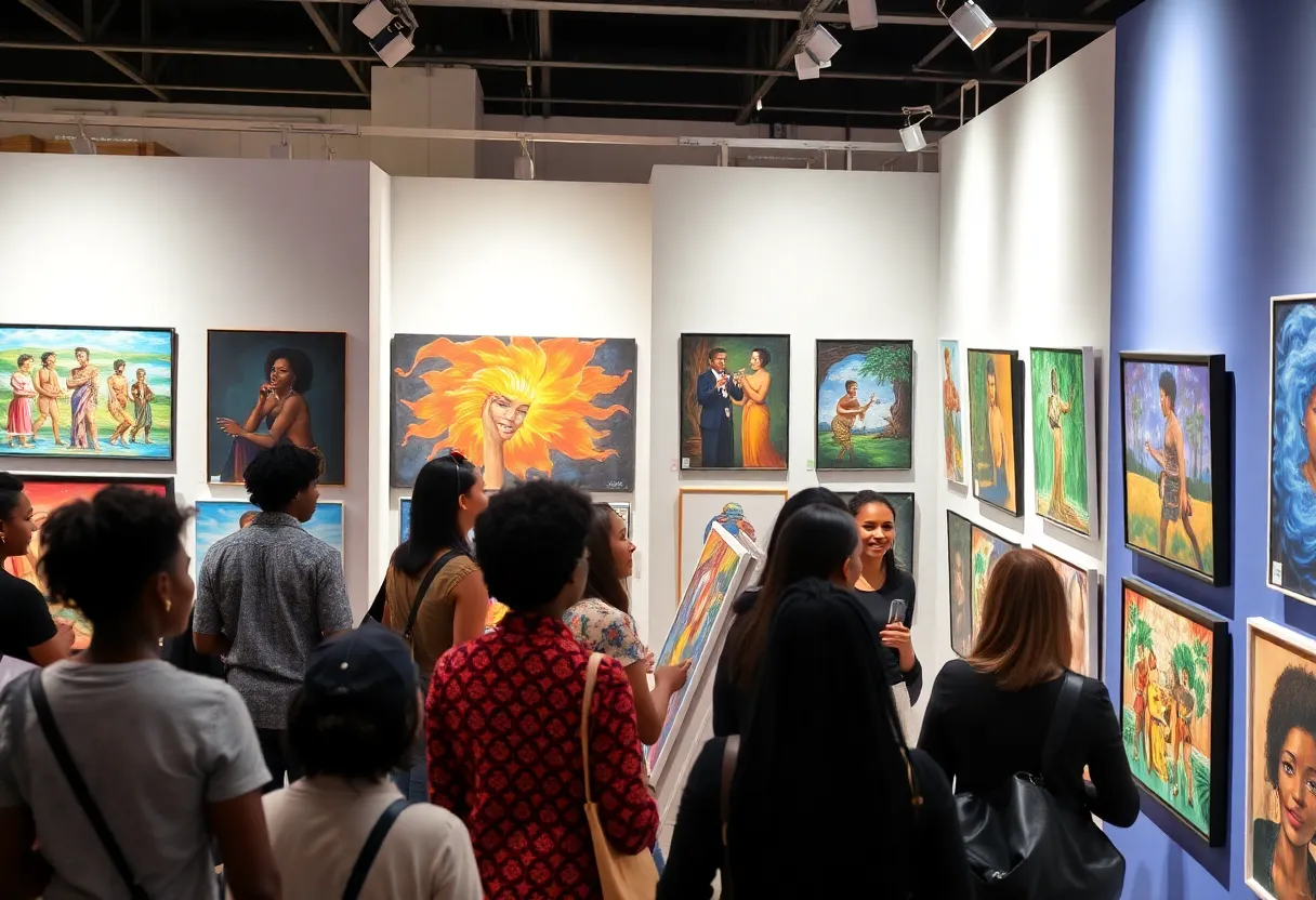 An art exhibit featuring diverse paintings and performances at the Artists & Afros event in Louisville.