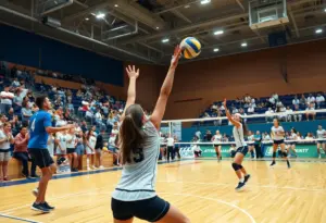 Players from Assumption High School and Mercy Academy in a heated volleyball match.