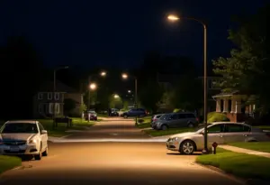 Residential area in Bardstown, KY at night with parked cars