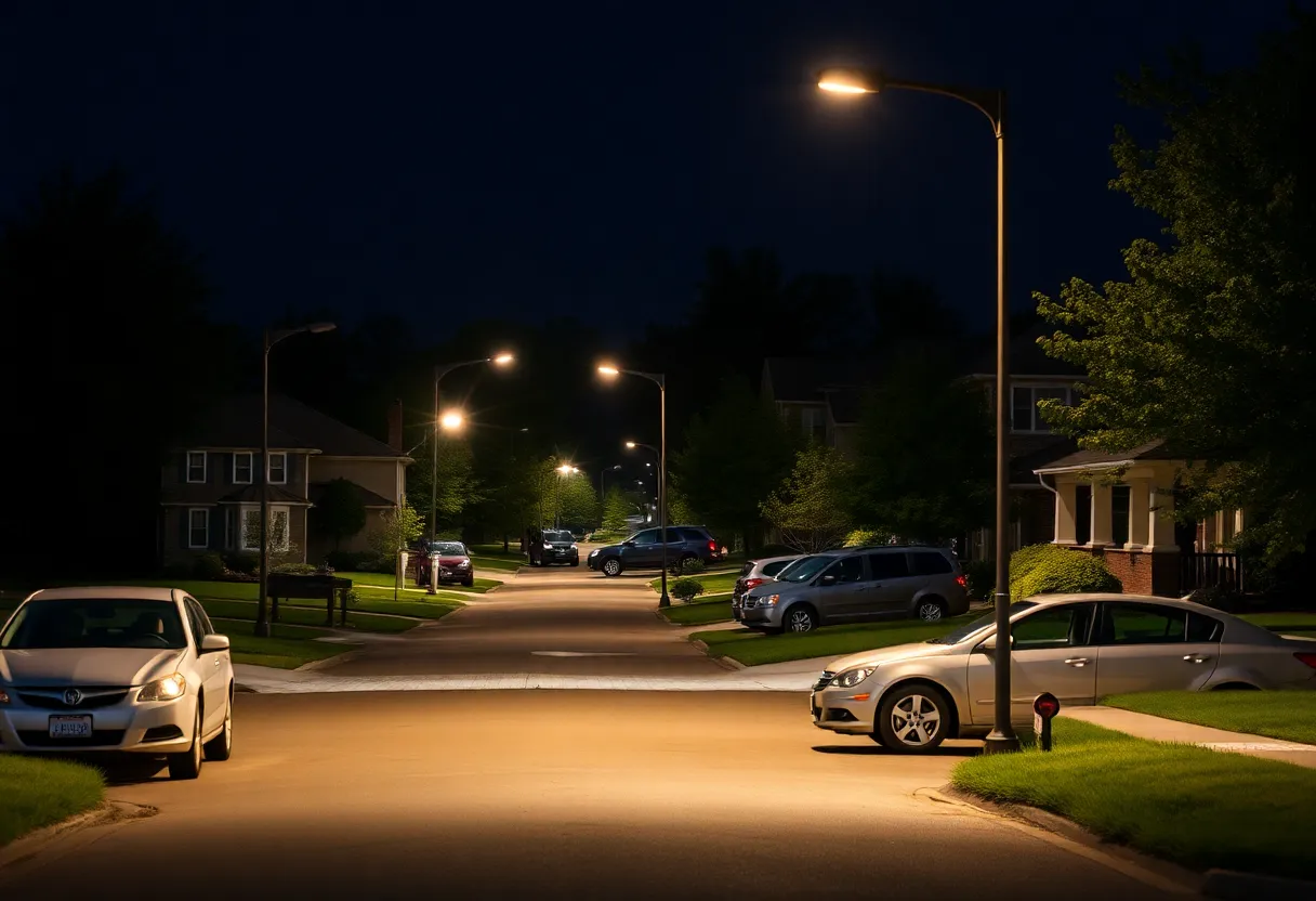 Residential area in Bardstown, KY at night with parked cars