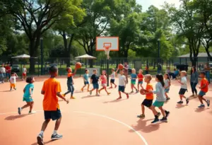Children playing basketball on the new Dream Court in Parkland neighborhood