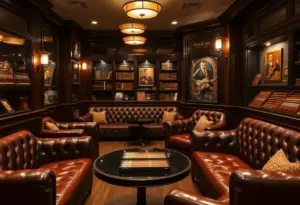 Interior view of The Bay Cigar Lounge featuring leather seating and cigar selections.