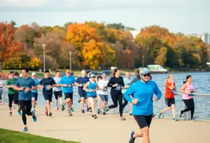 Participants of the Be A Blessing 5K Fun Run along the Ohio River