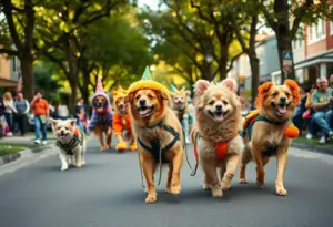Pets in costumes at Beechmont Neighborhood's pet costume parade