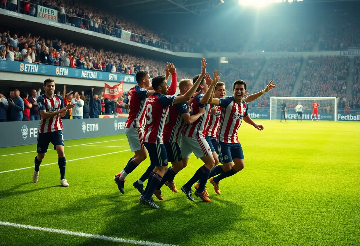 Bellarmine men's soccer team celebrates their victory on the field.