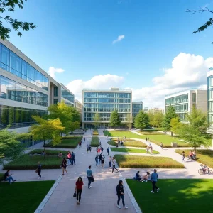 Bellarmine University campus during a sunny day with students and modern buildings
