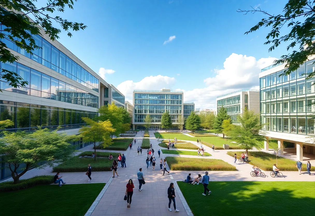 Bellarmine University campus during a sunny day with students and modern buildings