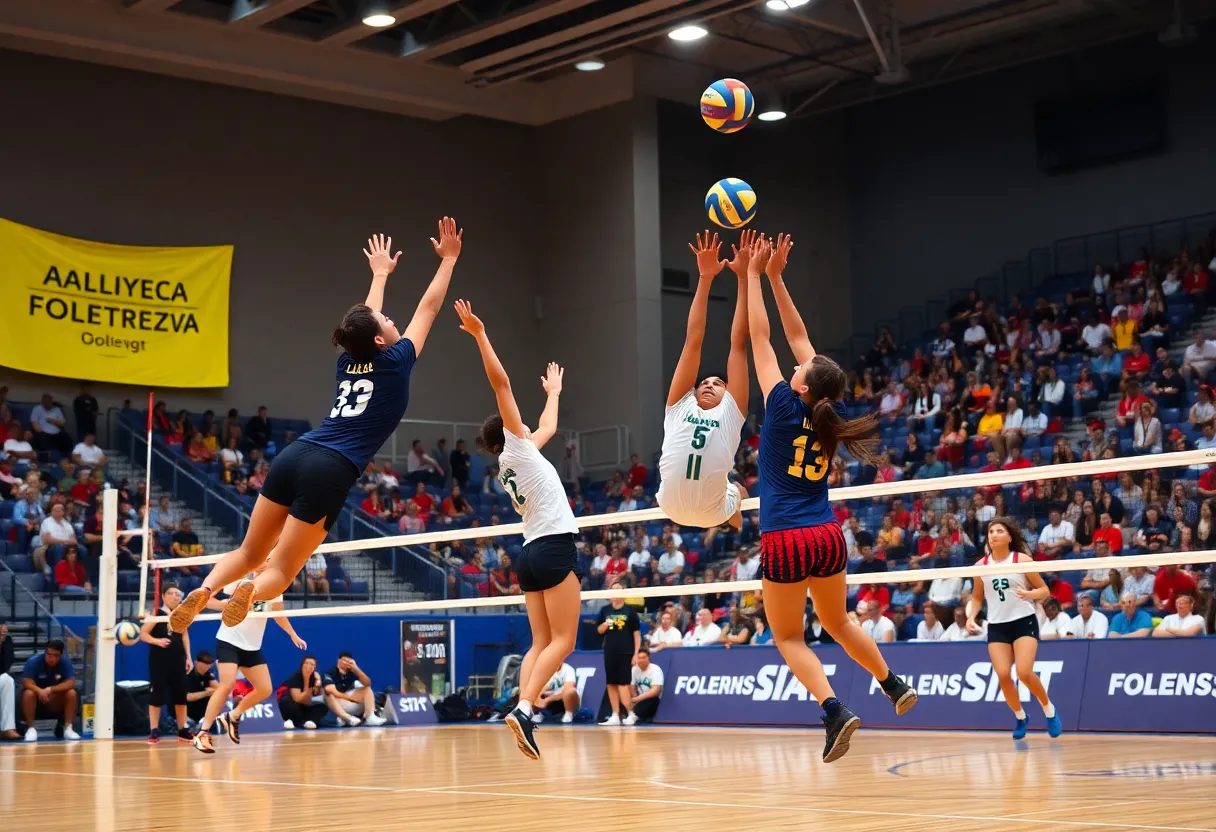 Players from the Bellarmine Knights volleyball team competing on the court.