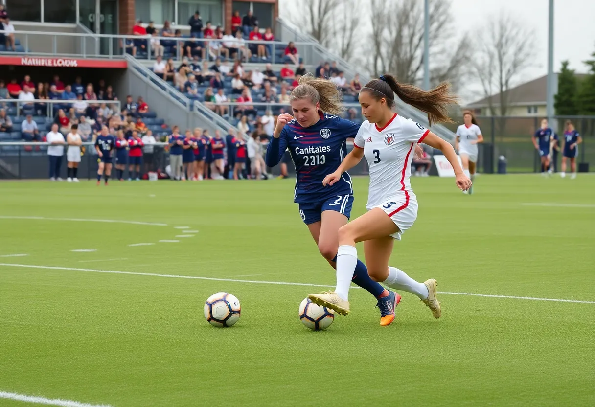 Women's soccer teams competing in a match