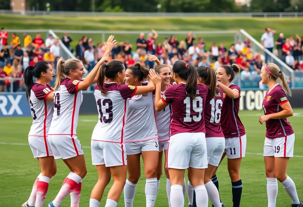 Bellarmine women's soccer team celebrating a match victory