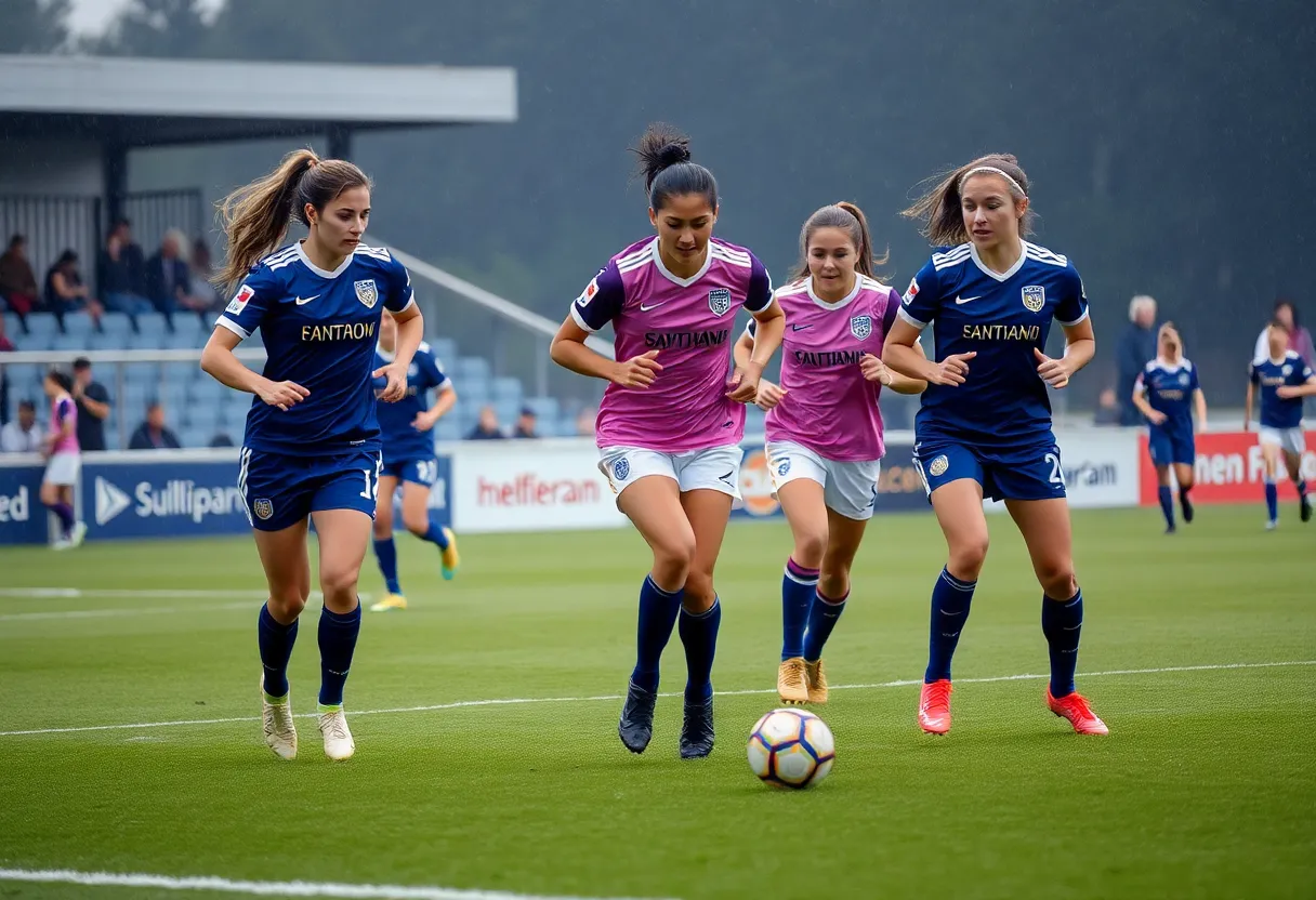 Bellarmine women's soccer team in a match, showcasing teamwork in the rain.