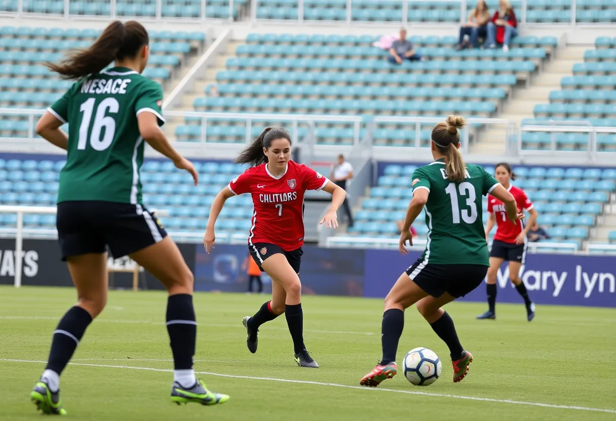 Bellarmine women's soccer team in action during their match.