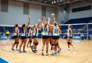 Bellarmine women's volleyball team celebrating their win