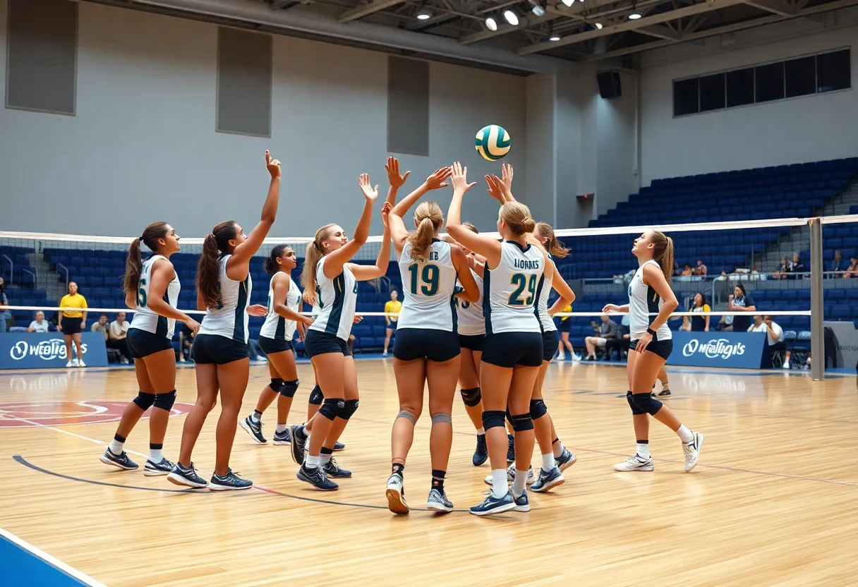 Bellarmine women's volleyball team celebrating their win