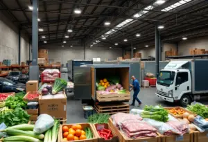 Foodservice distribution warehouse with fresh produce and delivery trucks