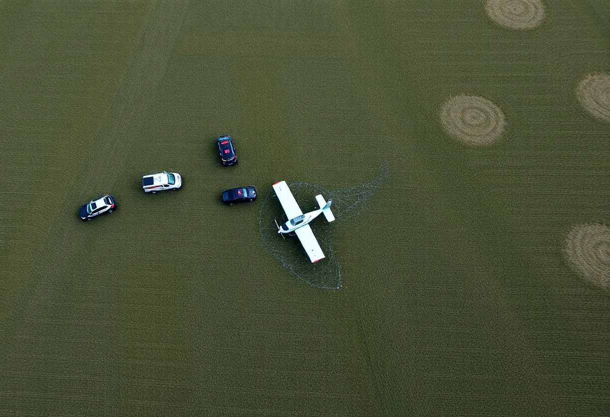 Crash site of a small biplane in a rural area of Bullitt County, with emergency responders present.