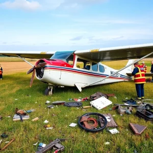 Damaged biplane in field after crash