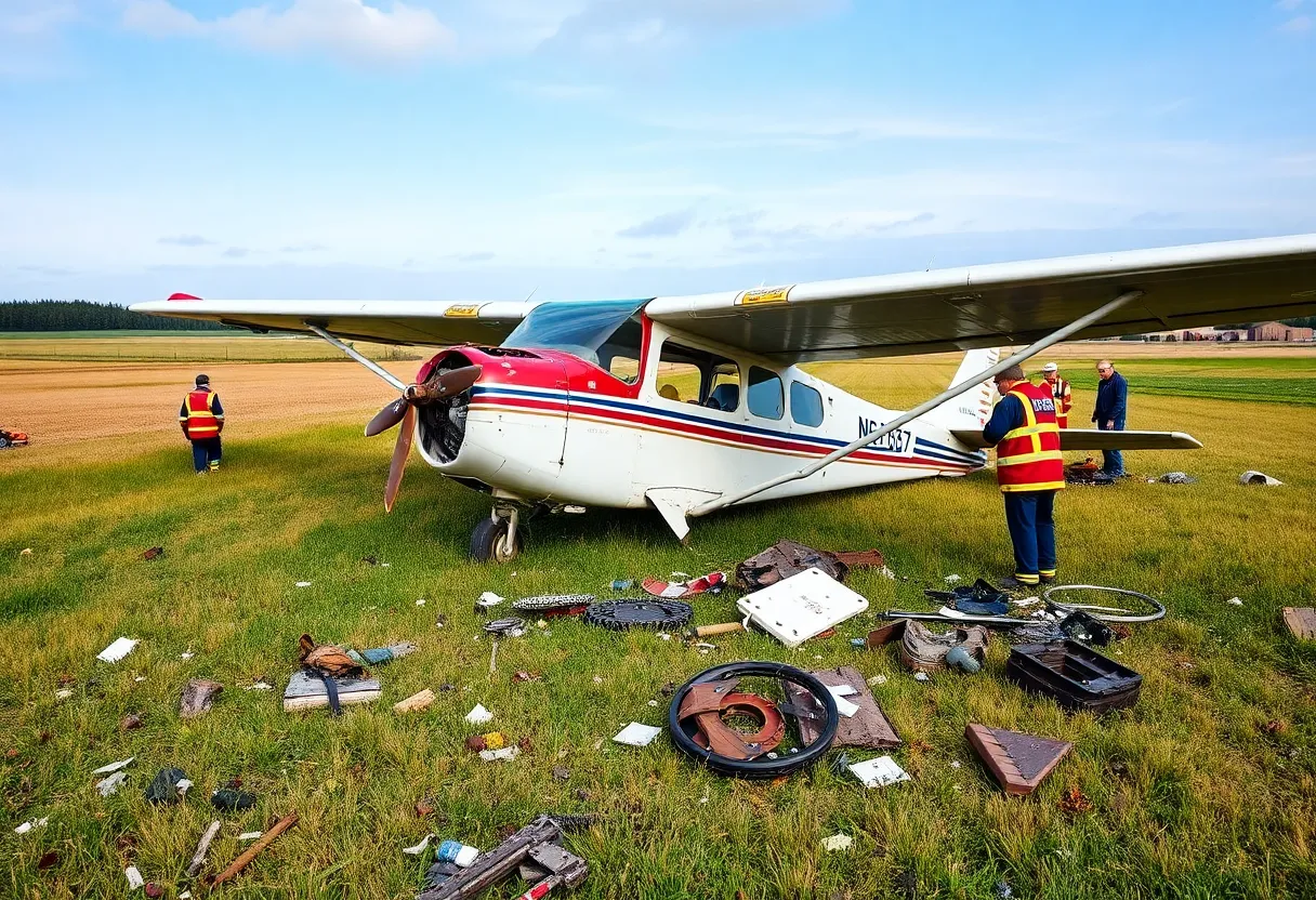 Damaged biplane in field after crash
