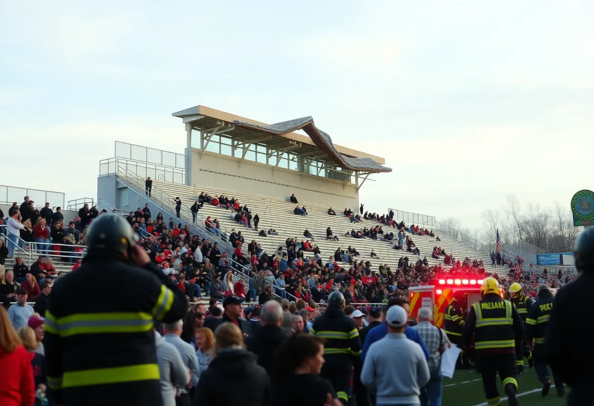 Emergency responders at the scene of a bleacher collapse during a high school football game.