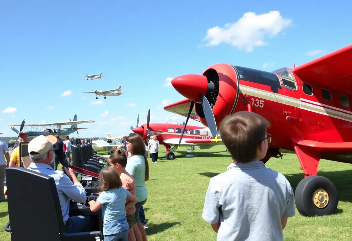 A crowd enjoying Bowman Fest at Bowman Field with vintage aircraft and flight simulators.