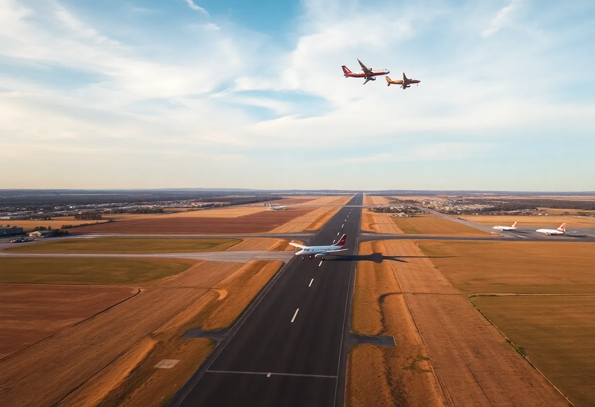 Aerial view of Bowman Field showing airport operations and planes.