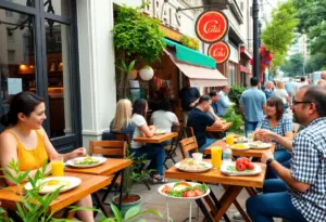 Outdoor dining scene at Brunch Haven with patrons enjoying brunch