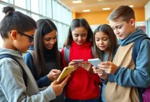 Students engaging with the anti-bullying app in a school setting.