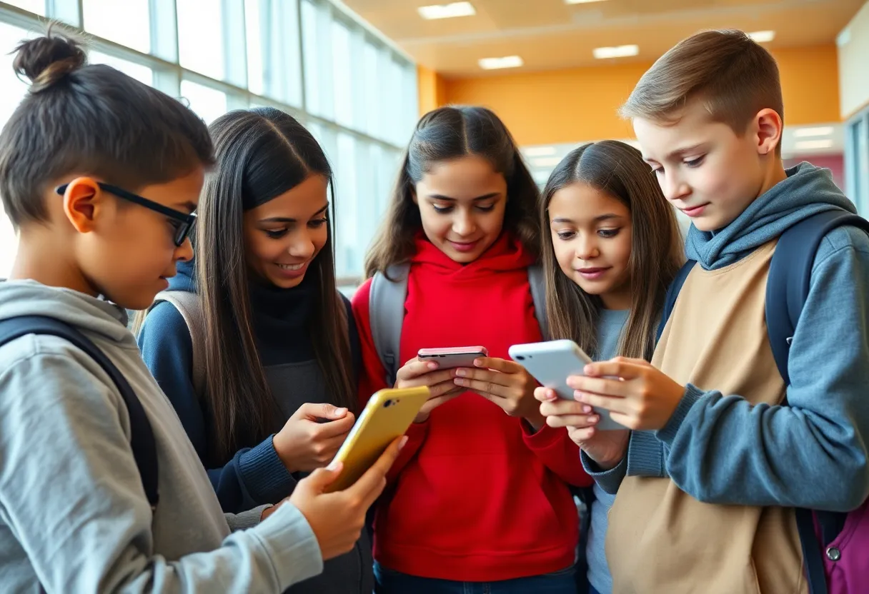 Students engaging with the anti-bullying app in a school setting.