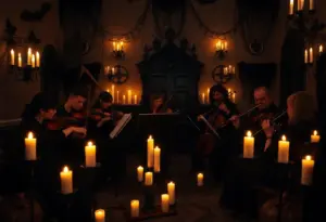 String quartets performing Halloween classics amidst candlelight