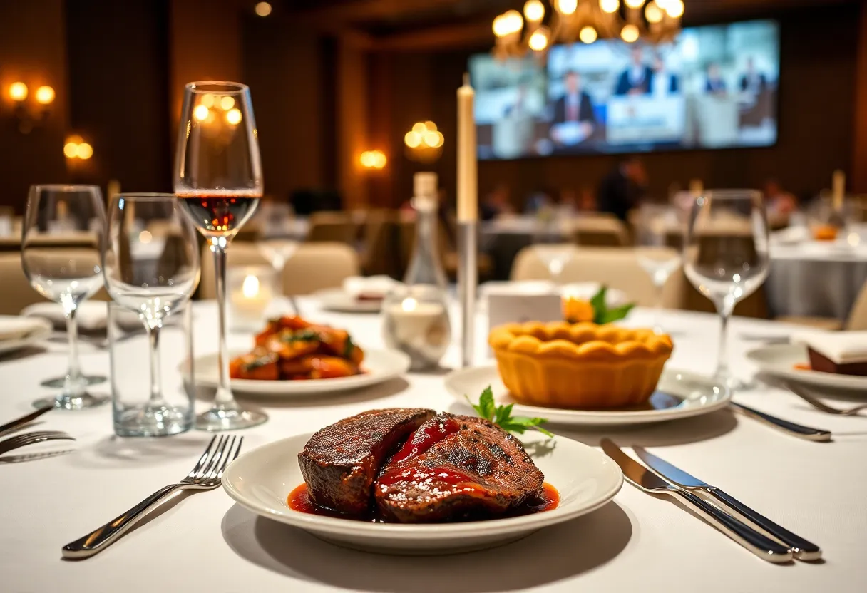 Champions Dinner featuring Kentucky cuisine with bourbon-glazed ribeye