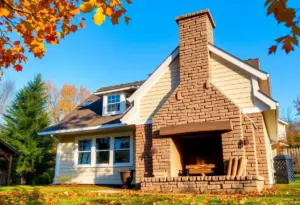 A home with a chimney surrounded by autumn leaves emphasizing the need for chimney safety.
