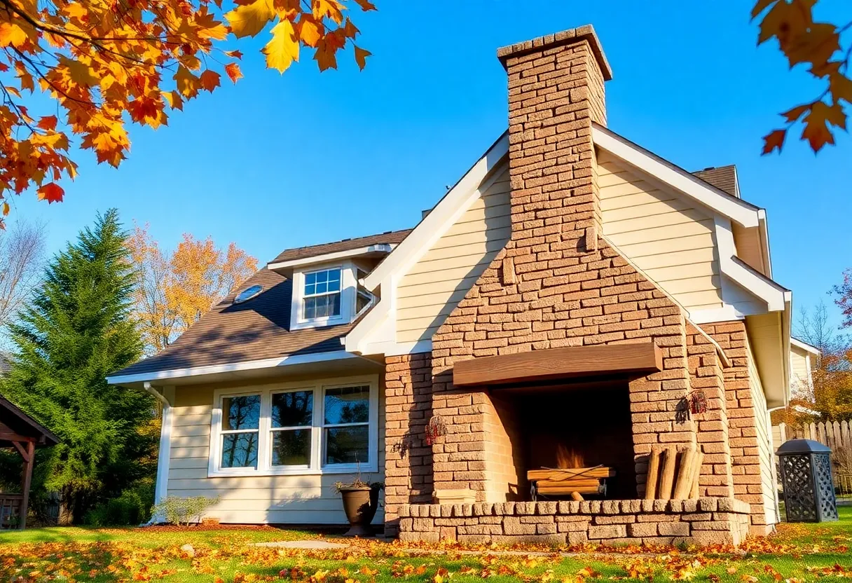 A home with a chimney surrounded by autumn leaves emphasizing the need for chimney safety.