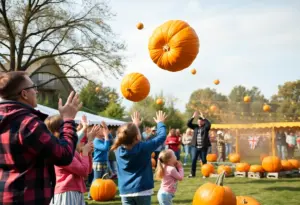 Families enjoying the Chunkin’ Pumpkins festival with pumpkins being launched