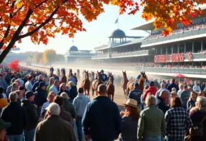 Crowd enjoying the Fall Meet at Churchill Downs with horses racing in the background.