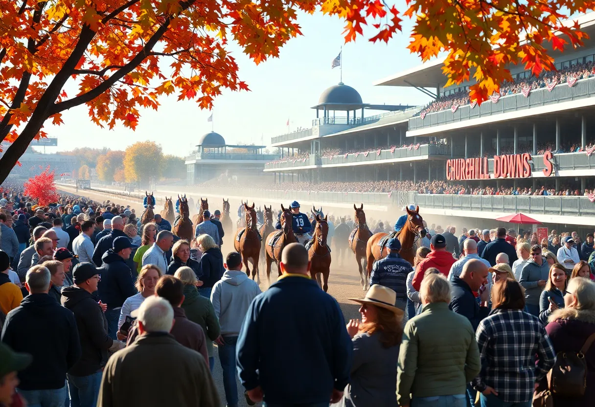 Crowd enjoying the Fall Meet at Churchill Downs with horses racing in the background.