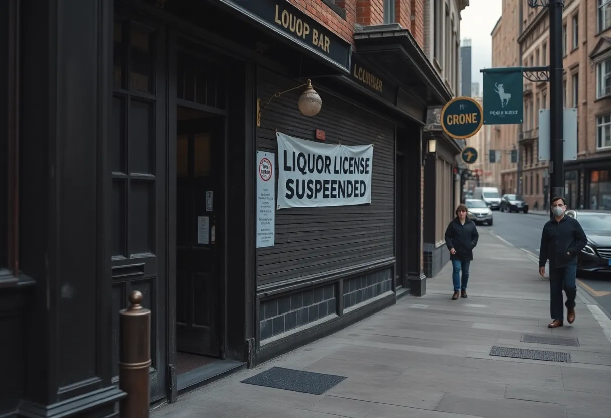 A closed bar in Louisville with a liquor license suspended sign.